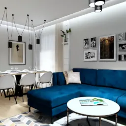 Wizualizacja przestronnego salonu z jadalnią w Olsztynie, z turkusową sofą narożną, białym stolikiem kawowym i stołem jadalnym z krzesłami w stylu skandynawskim, oświetlonego wiszącymi lampami...