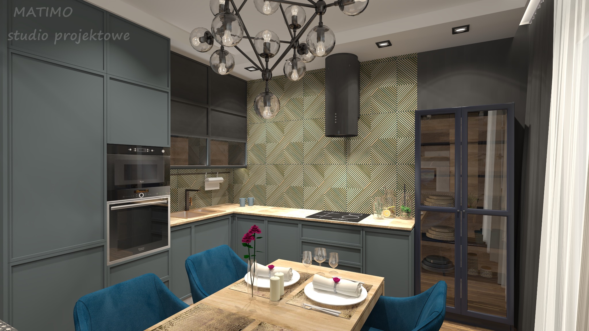 Wizualizacja kuchni z ciemnymi, grafitowymi szafkami, wzorzystą tapetą w odcieniach zieleni i beżu, nowoczesną lampą sufitową z kulistymi żarówkami oraz stołem z nakryciem i niebieskimi krzesłami.