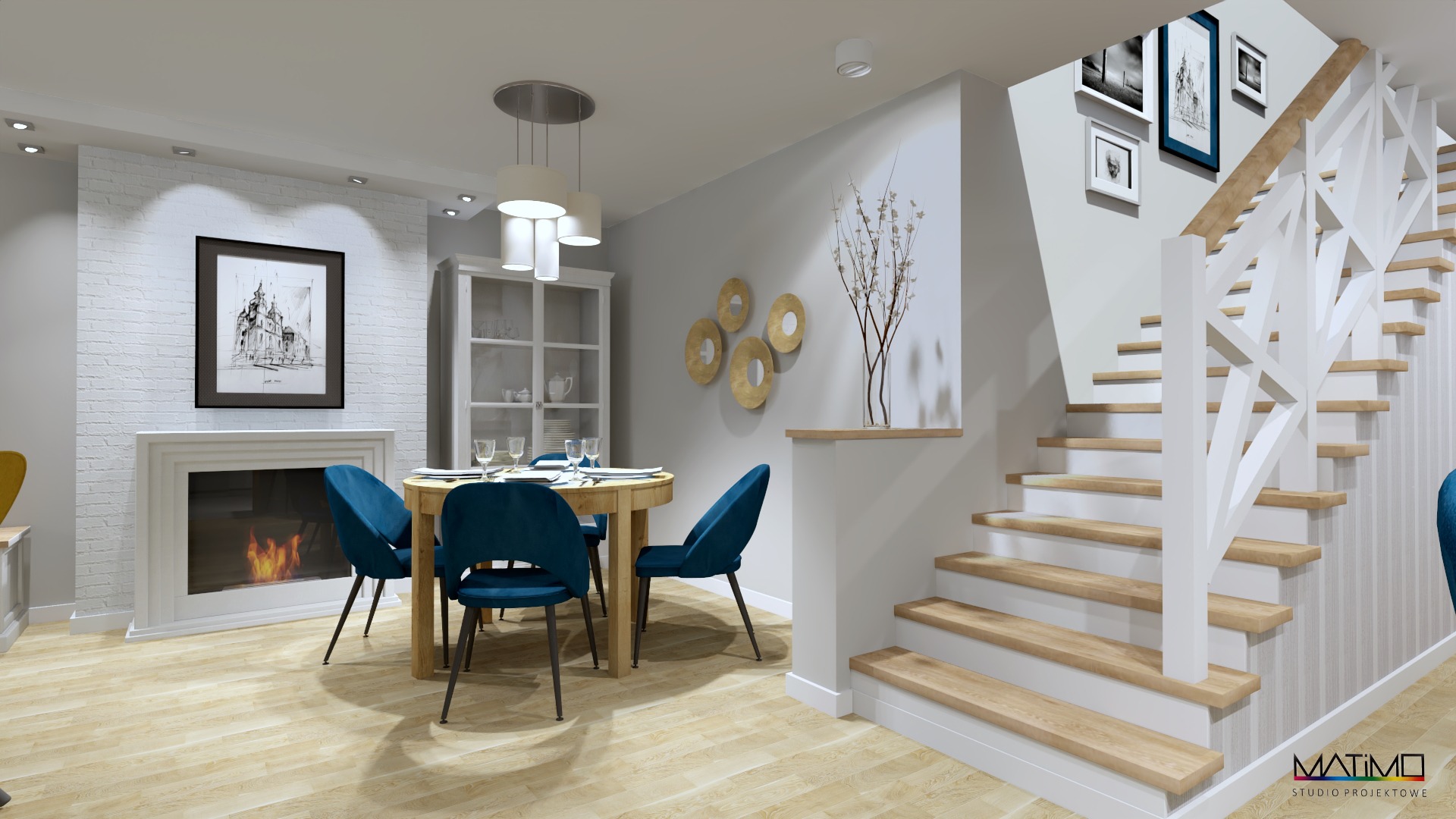 Wnętrza -salon z jadalnią - styl skandynawski