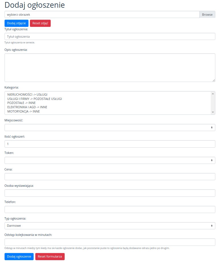 Screen z systemu do automatycznego dodawania ogłoszeń na jednym z portali ogłoszeniowych