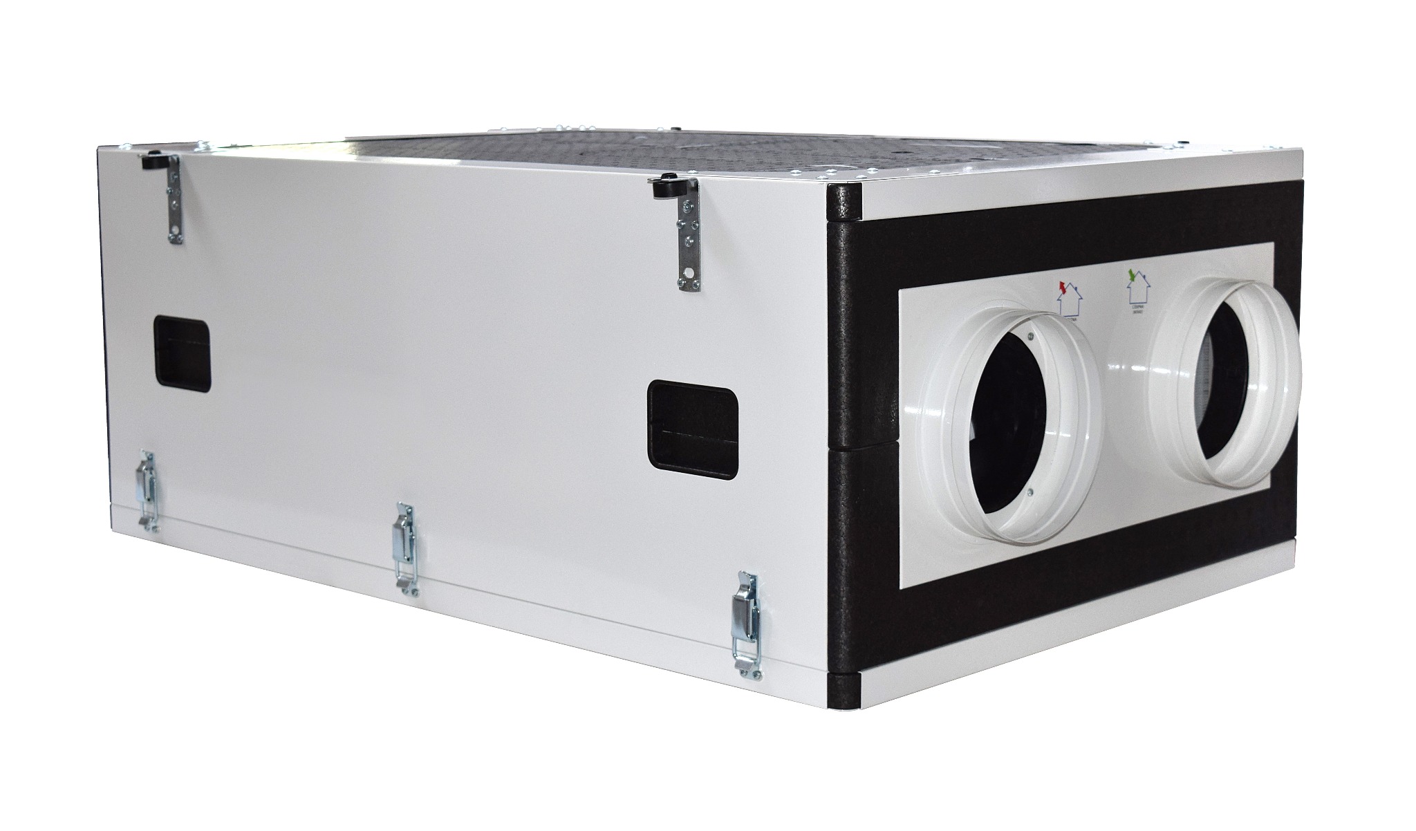 Centrala wentylacyjna z rekuperacją, widoczne dwa okrągłe otwory wentylacyjne z symbolami graficznymi, biała obudowa z czarnymi elementami wykończeniowymi, metalowe zatrzaski, widok z boku.