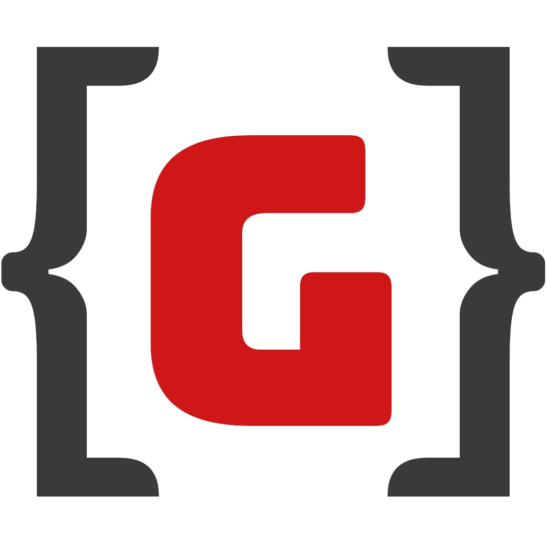 Graficzne logo z czerwoną literą 'G' w nawiasach klamrowych na białym tle, sugerujące branding firmy z branży IT.