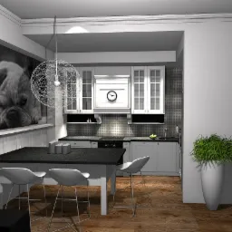 Wizualizacja nowoczesnej kuchni w odcieniach szarości z wyspą i trzema białymi hokerami, ozdobiona fototapetą z buldogiem francuskim i designerską lampą wiszącą.