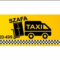 Grafika reklamowa: stylizowany bus z napisem TAXI przewozi szafę na w&oacute;zku; obok numer telefonu na ż&oacute;łtym tle, d&oacute;ł wykończony szachownicą.