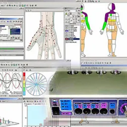Oprogramowanie diagnostyczne z interfejsem przedstawiającym punkty na dłoni, mapę ciała z oznaczonymi strefami oraz wykresy i analizy danych.