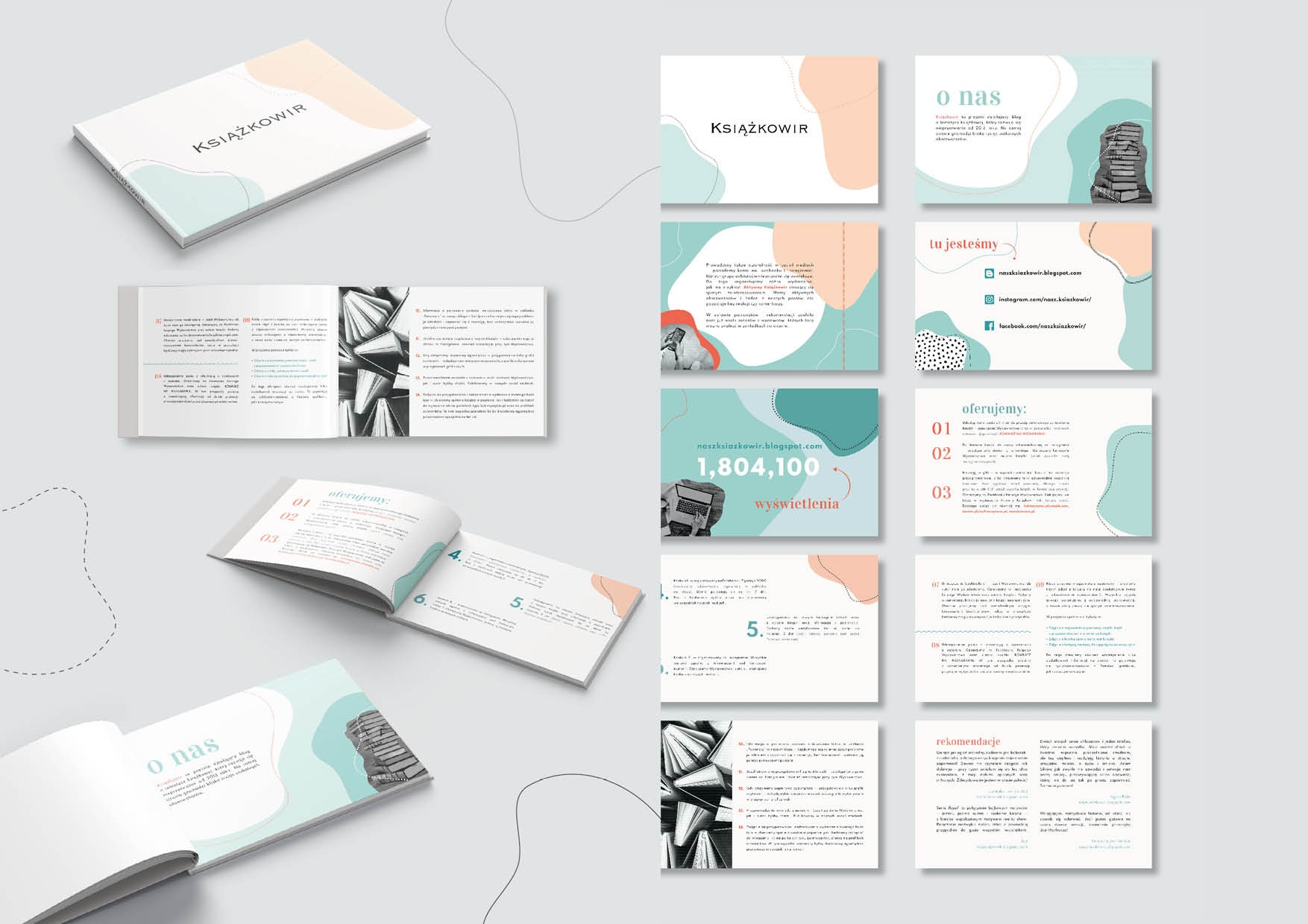 Układ graficzny prezentujący identyfikację wizualną marki Książkowir, obejmujący logo na okładce książki, wizytówki, szablony postów w mediach społecznościowych i layout strony internetowej.