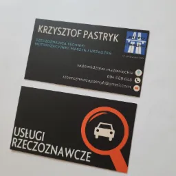 Dwie wizytówki: jedna z imieniem Krzysztof Pastryk, rzeczoznawca techniki motoryzacyjnej i druga z napisem Usługi Rzeczoznawcze oraz symbolem samochodu w okręgu.