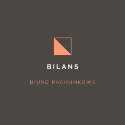 Minimalistyczne logo biura rachunkowego: pomarańczowy kwadrat z przekątną i napis 'BILANS BIURO RACHUNKOWE' na szarym tle.