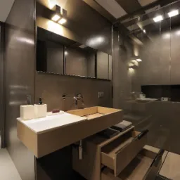 Nowoczesna łazienka z drewnianą szafką pod umywalką z wysuwanymi szufladami, minimalistycznym lustrem i szklaną kabiną prysznicową, oświetlona punktowymi lampami.