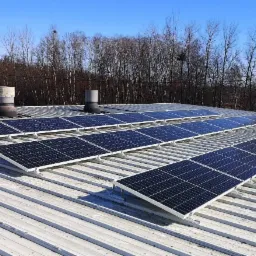 Rząd paneli słonecznych na blaszanym dachu budynku przemysłowego, widoczne kominy wentylacyjne i drzewa w tle.