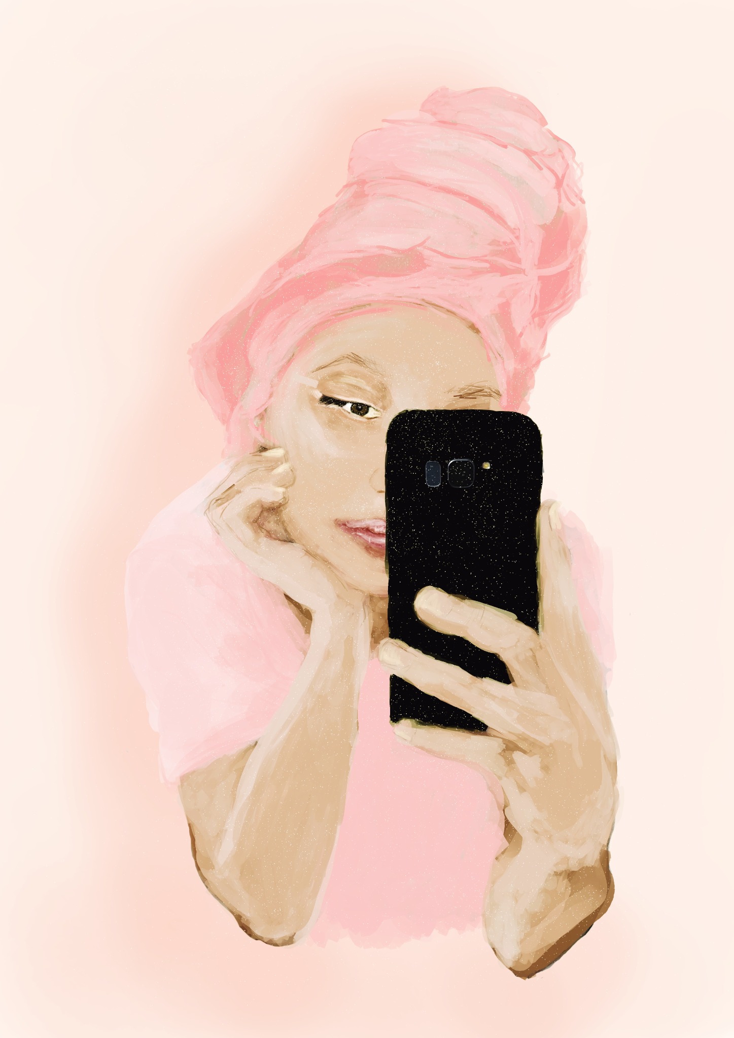 Portret kobiety z ręcznikiem na głowie, tworzony na tablecie graficznym, z widocznym smartfonem w dłoni zasłaniającym część twarzy, w pastelowej kolorystyce.