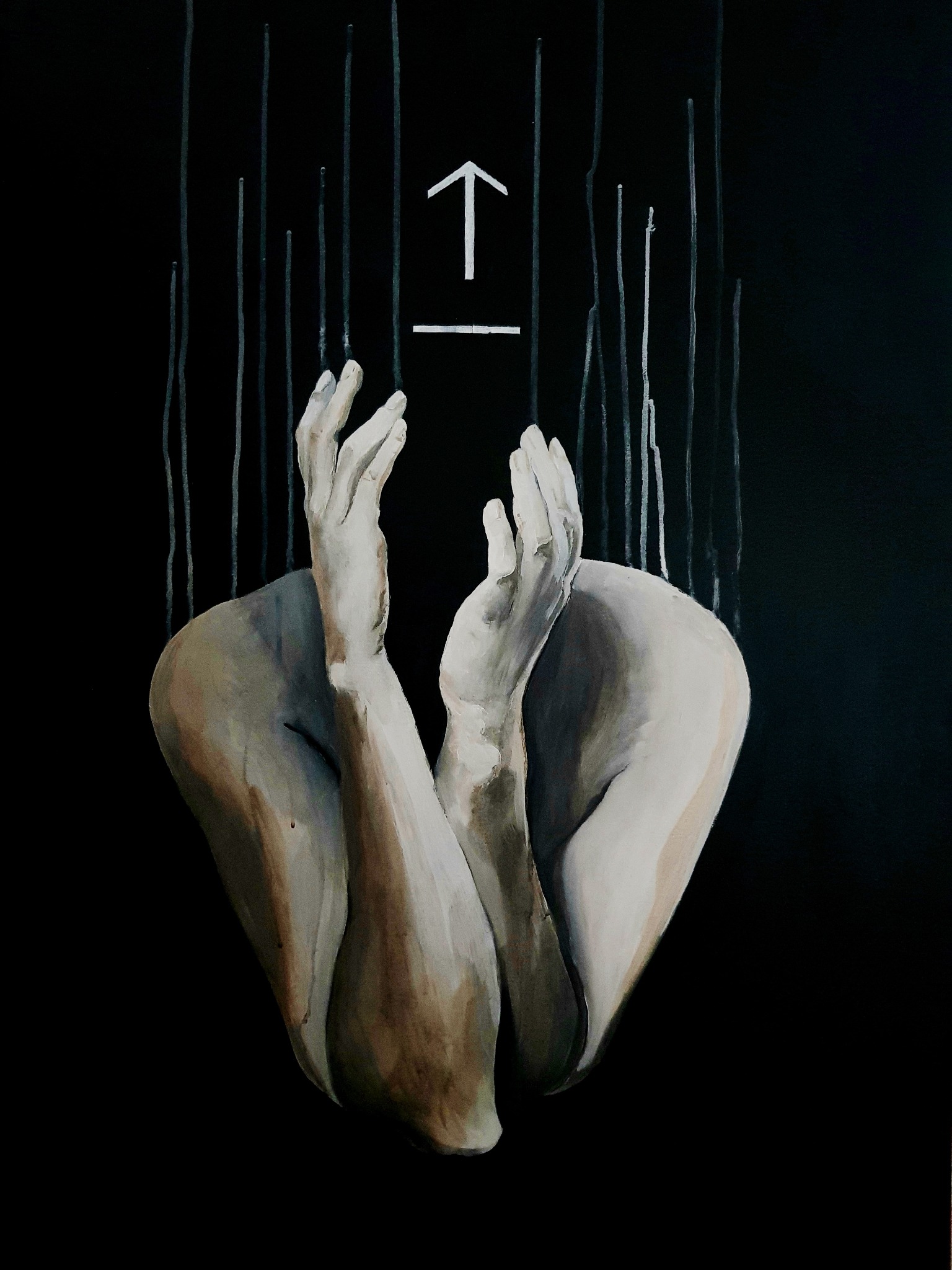 Abstrakcyjna kompozycja akrylowa na czarnym płótnie 115x75cm przedstawiająca dwie dłonie i fragmenty ciała w odcieniach szarości i brązu, z białymi pionowymi liniami i symbolem strzałki skierowanej...