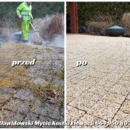 Por&oacute;wnanie kostki brukowej przed i po czyszczeniu. Po lewej: zabrudzona, z mchem. Po prawej: czysta, jasna kostka. Osoba w kombinezonie czyści kostkę myjką ciśnieniową.