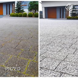 Efekt mycia podjazdu gorąco-wodnym agregatem i specjalnym talerzem bez rozchlapywania zabrudzeń.