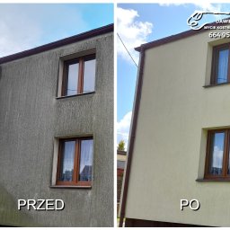 Efekt mycia elewacji metodą SOFTWASH, bez drabin, rusztowań, czy ciężkiego sprzętu.