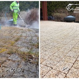 Efekt mycia tarasu gorąco wodą i specjalnym talerzem, bez ryzyka uszkodzeń szyb, czy rozchlapywania zabrudzeń na ogród.