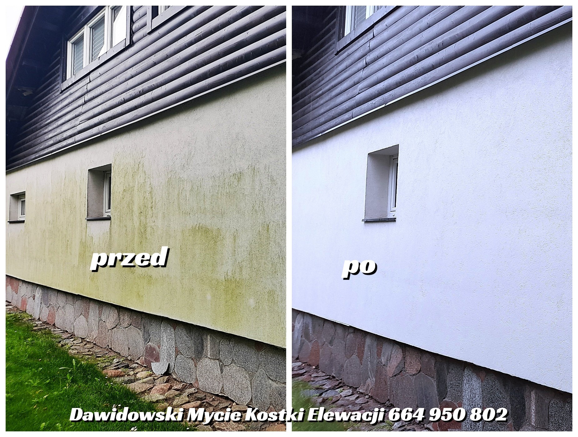 Zdjęcie elewacji domu przed i po czyszczeniu. Po lewej brudna, zielonkawa ściana, po prawej czysta, biała ściana. Widoczne okna i kamienna podmurówka.