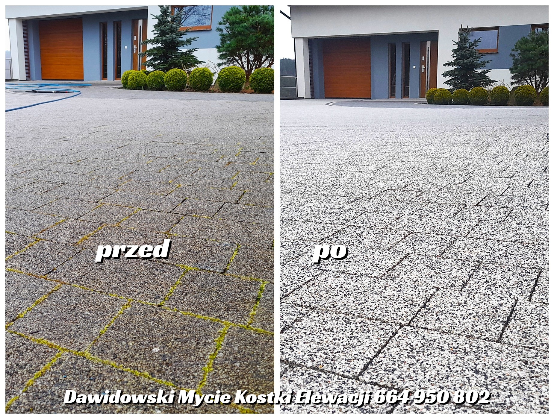 Kostka brukowa przed i po czyszczeniu. Lewa strona z mchem, prawa strona czysta, jasnoszara. W tle budynek z brązową bramą garażową i zielenią.