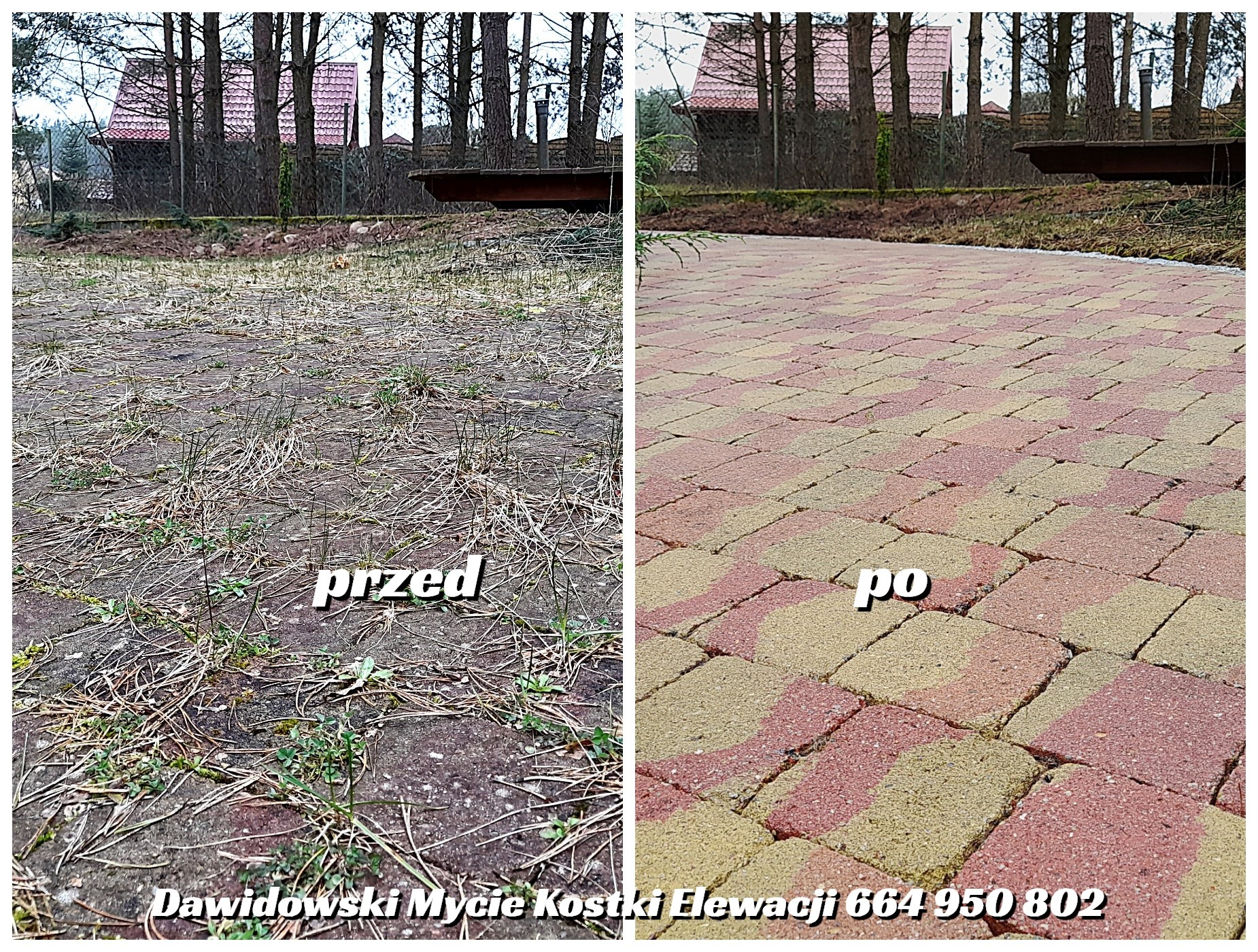 Zdjęcie 'przed i po' czyszczenia kostki brukowej. Lewa strona: zabrudzona kostka z chwastami. Prawa strona: czysta, czerwono-żółta kostka brukowa. Dom w tle.