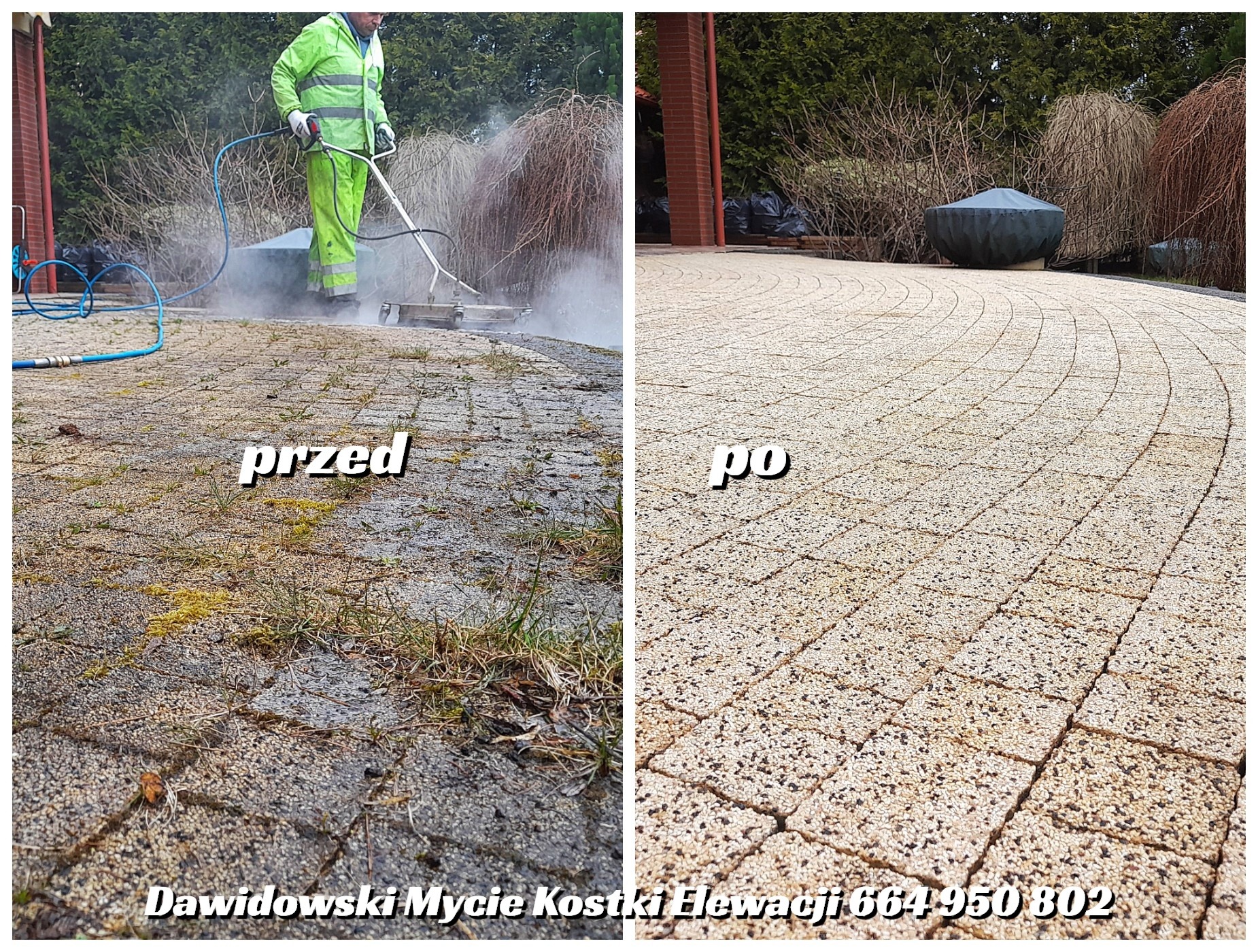 Porównanie kostki brukowej przed i po czyszczeniu. Po lewej: zabrudzona, z mchem. Po prawej: czysta, jasna kostka. Osoba w kombinezonie czyści kostkę myjką ciśnieniową.