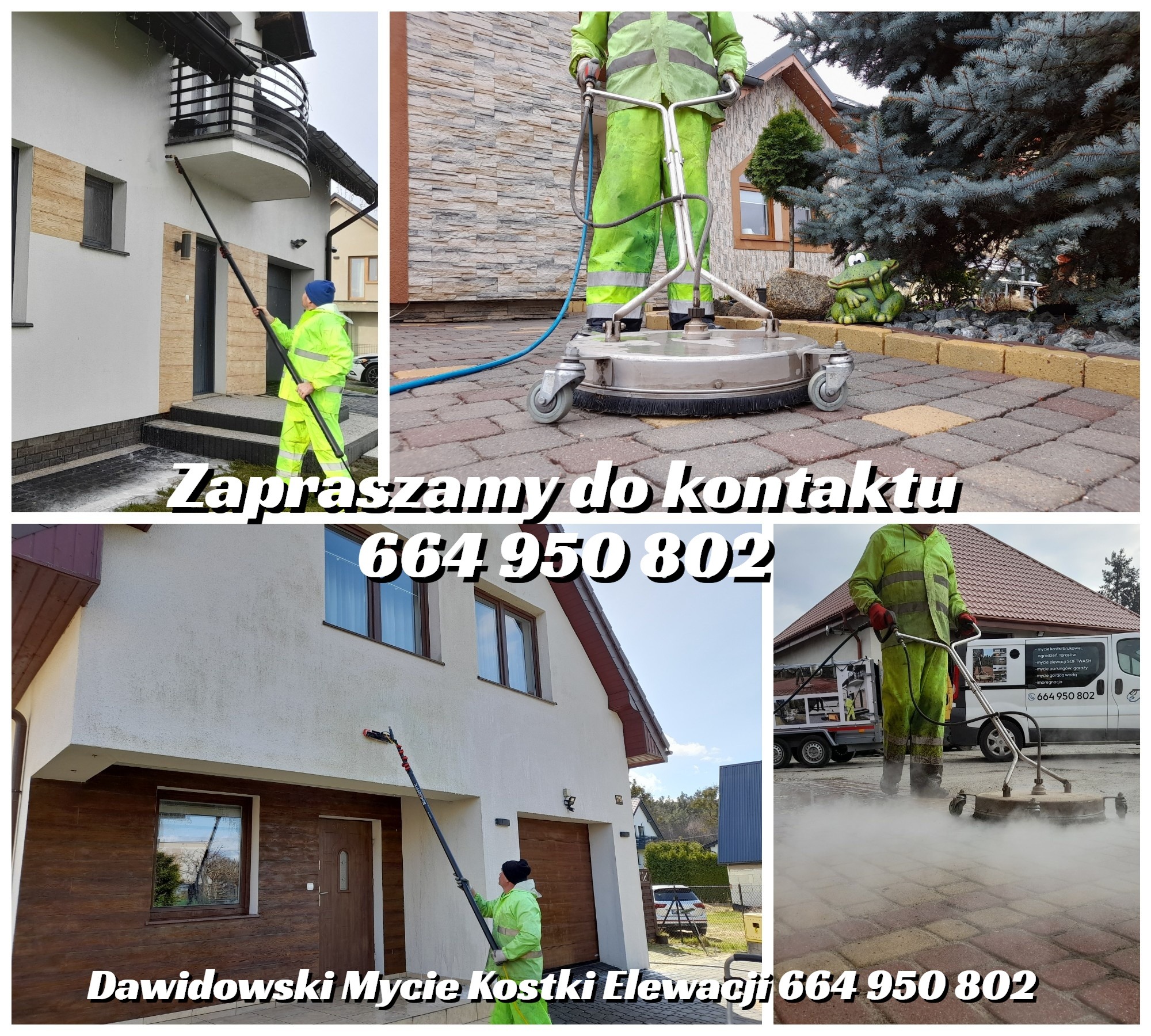 Usługa czyszczenia: pracownik w zielonym kombinezonie myje elewację domu i kostkę brukową specjalistycznym sprzętem. Widoczny efekt czyszczenia.