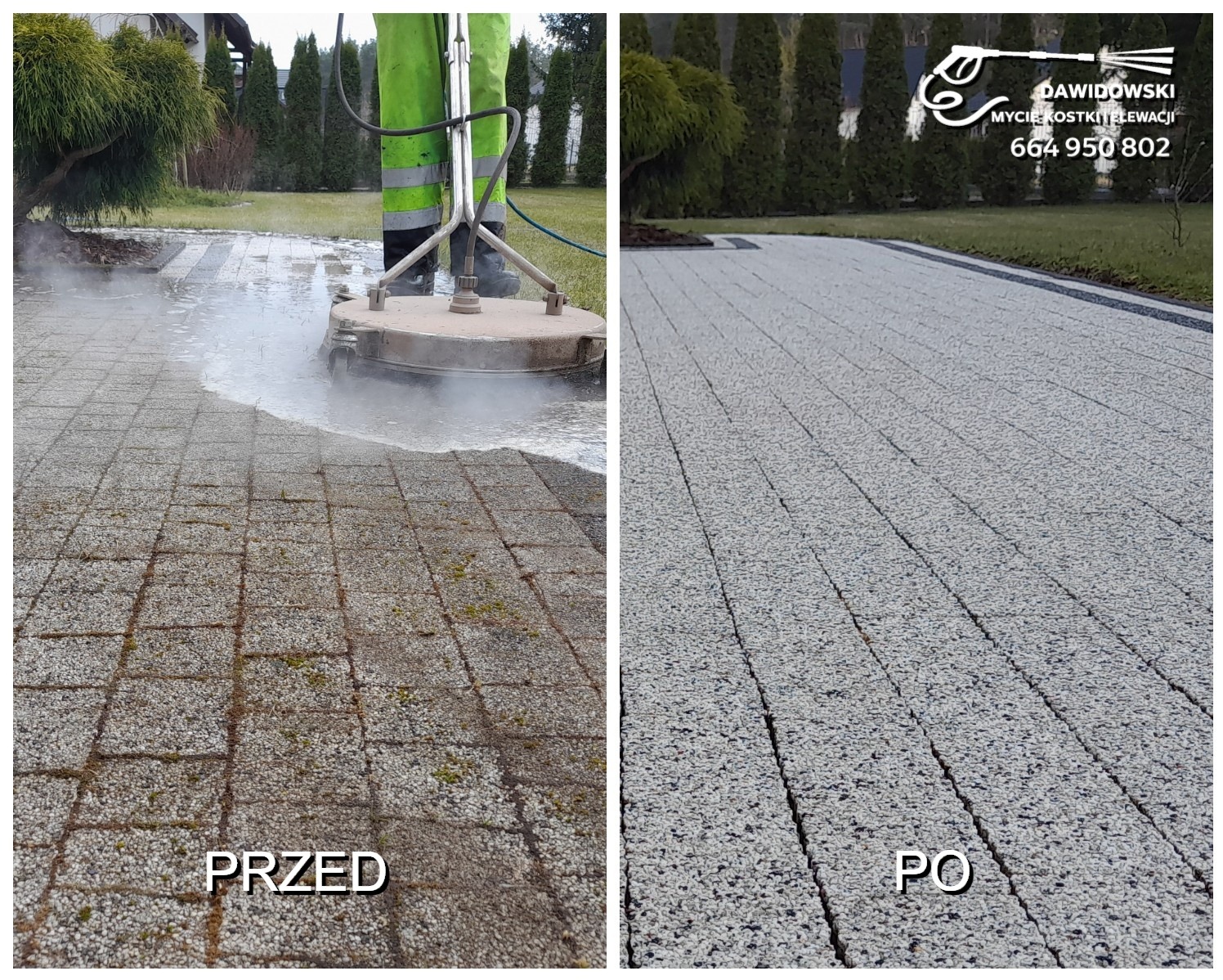 Mycie kostki brukowej gorąco-wodnym agregatem i specjalnym talerzem