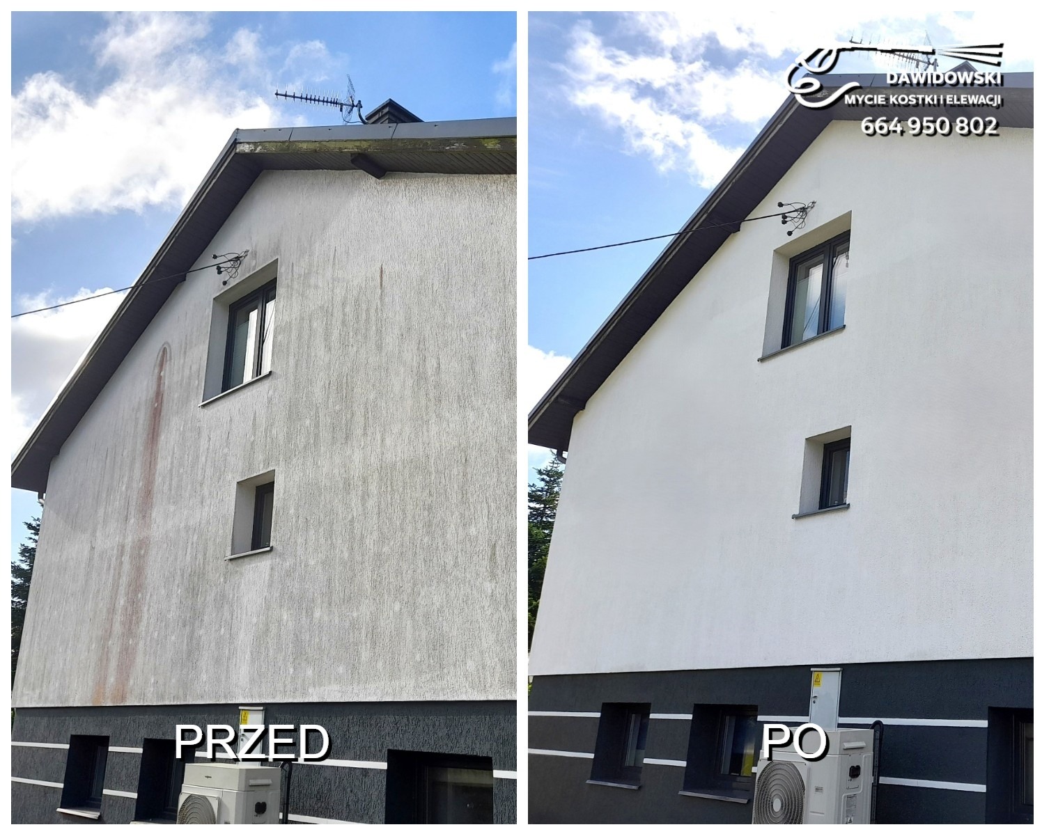 Efekt mycia elewacji metodą SOFTWASH za pomocą lanc teleskopowych.