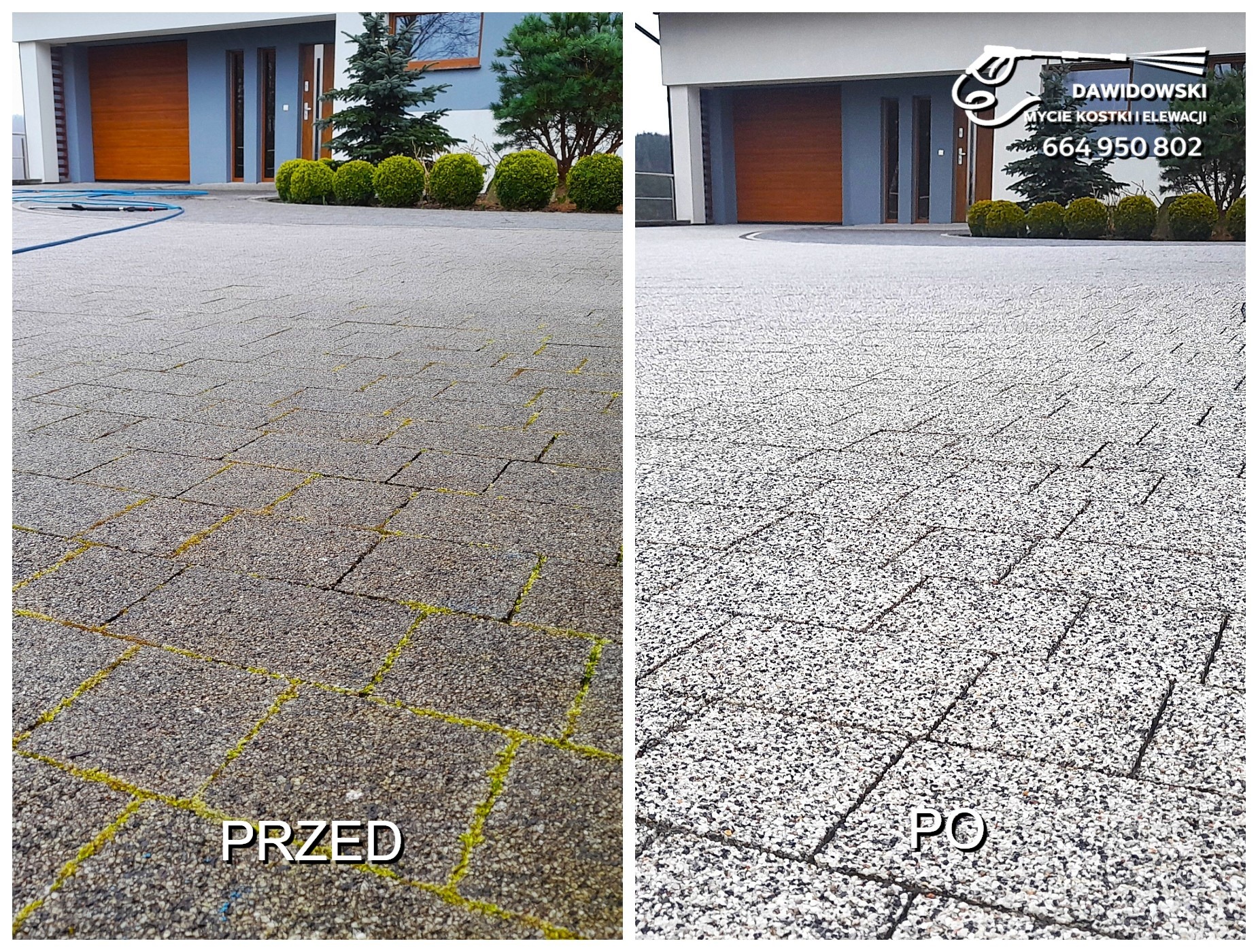 Efekt mycia podjazdu gorąco-wodnym agregatem i specjalnym talerzem bez rozchlapywania zabrudzeń.