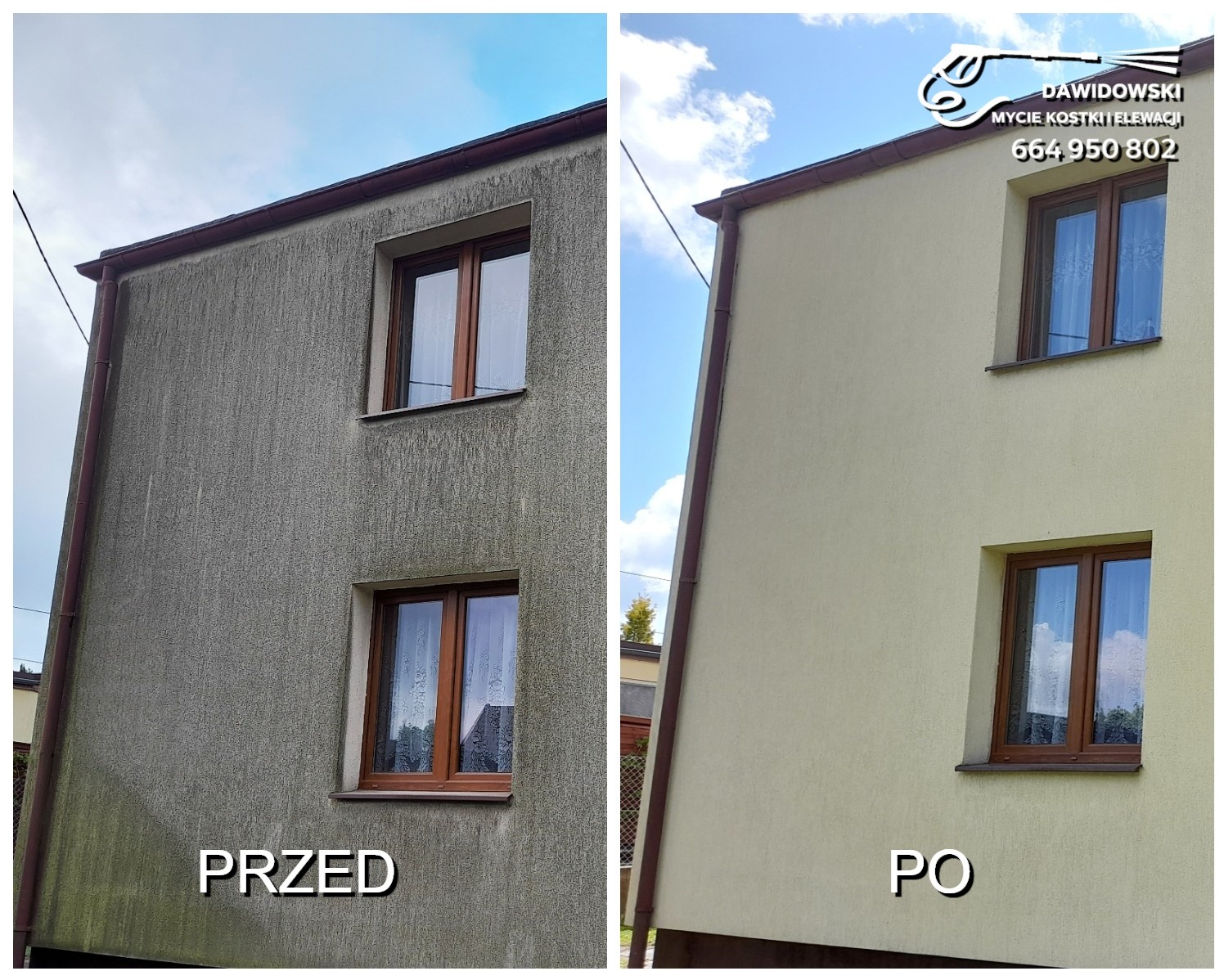 Efekt mycia elewacji metodą SOFTWASH, bez drabin, rusztowań, czy ciężkiego sprzętu.