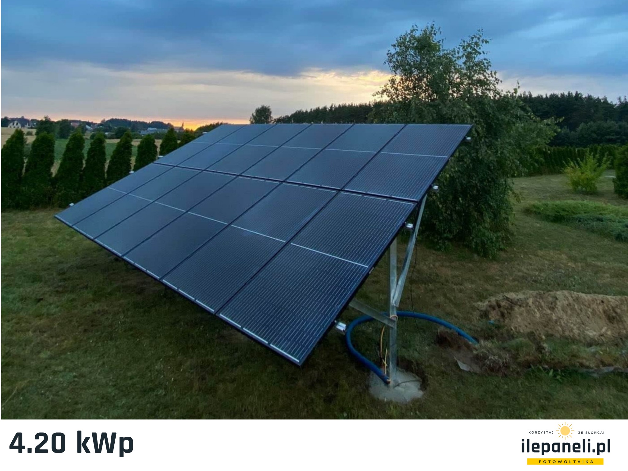 Instalacja paneli słonecznych o mocy 4.20 kWp w Gdańsku, widok na moduły fotowoltaiczne zamontowane na metalowej konstrukcji, z widocznymi niebieskimi przewodami, na tle zielonego trawnika...