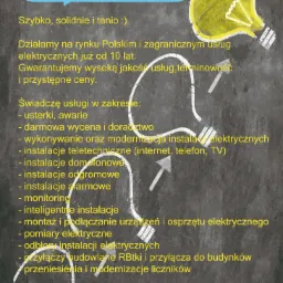 Ogłoszenie firmy FZ Elektryk 24h/7 na tle tablicy, oferującej szeroki zakres usług elektrycznych, w tym usuwanie usterek, instalacje teletechniczne i pomiary, z podanym numerem telefonu i adresem...
