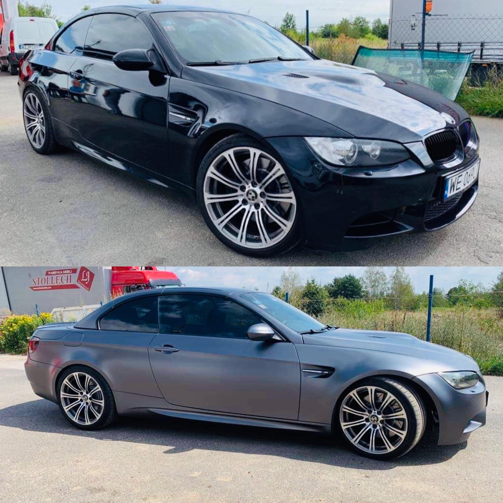 Dwa identyczne modele BMW M3 Cabrio: górny w czarnym połysku, dolny w matowym szarym kolorze, prezentacja efektu zmiany koloru.