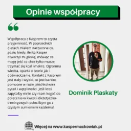 Referencja klienta: mężczyzna robiący selfie w lustrze, polecający współpracę dietetyczno-treningową z Kasprem, z tekstem opinii obok.
