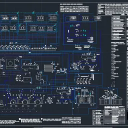 Techniczny rysunek schematyczny instalacji przemysłowej z opisami elementów, wykonany w programie CAD na ciemnym tle.