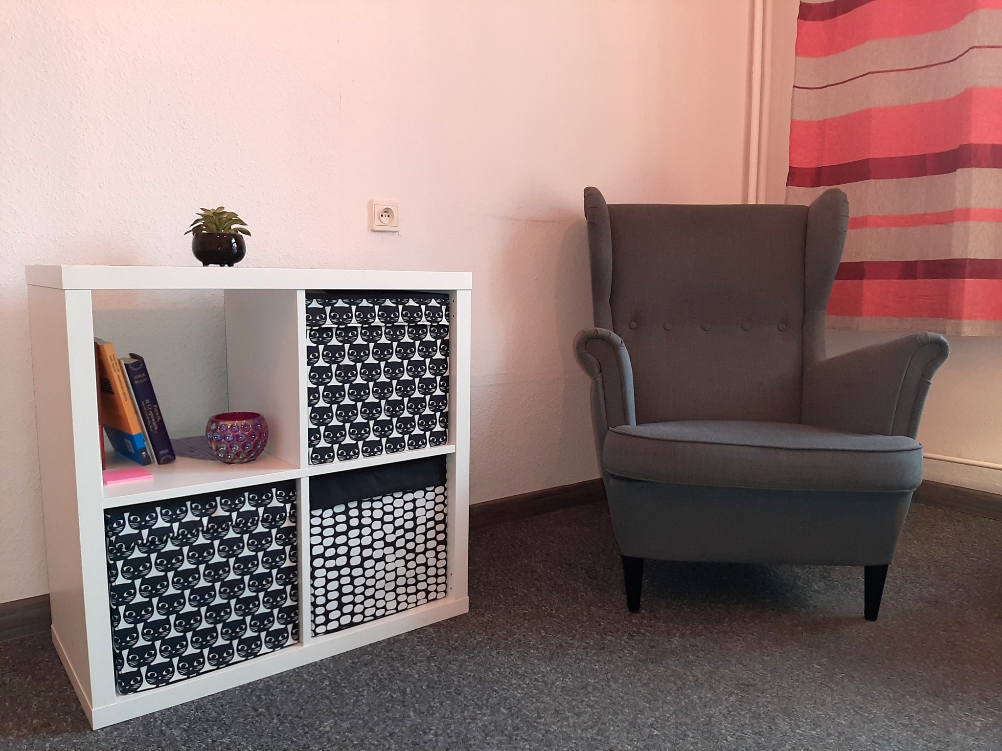 Szary fotel typu uszak stoi obok białego regału z półkami, na których znajdują się książki, ozdobny słoik i mała roślina doniczkowa; w regale umieszczone są pojemniki z motywem kocich twarzy...