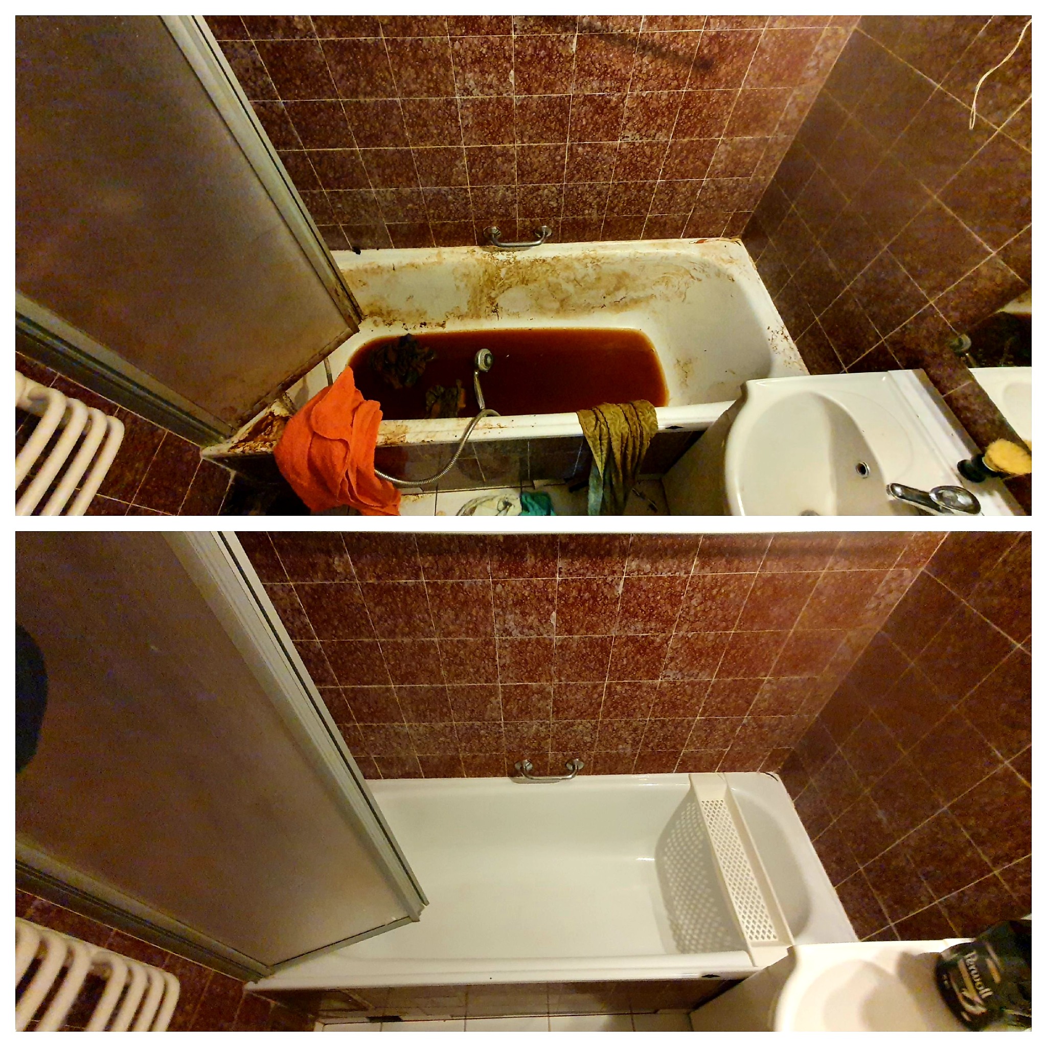 Dwa ujęcia tej samej łazienki: pierwsze przedstawia wannę z brudną wodą i osadami, drugie po czyszczeniu, z czystą wanną i błyszczącymi kafelkami.