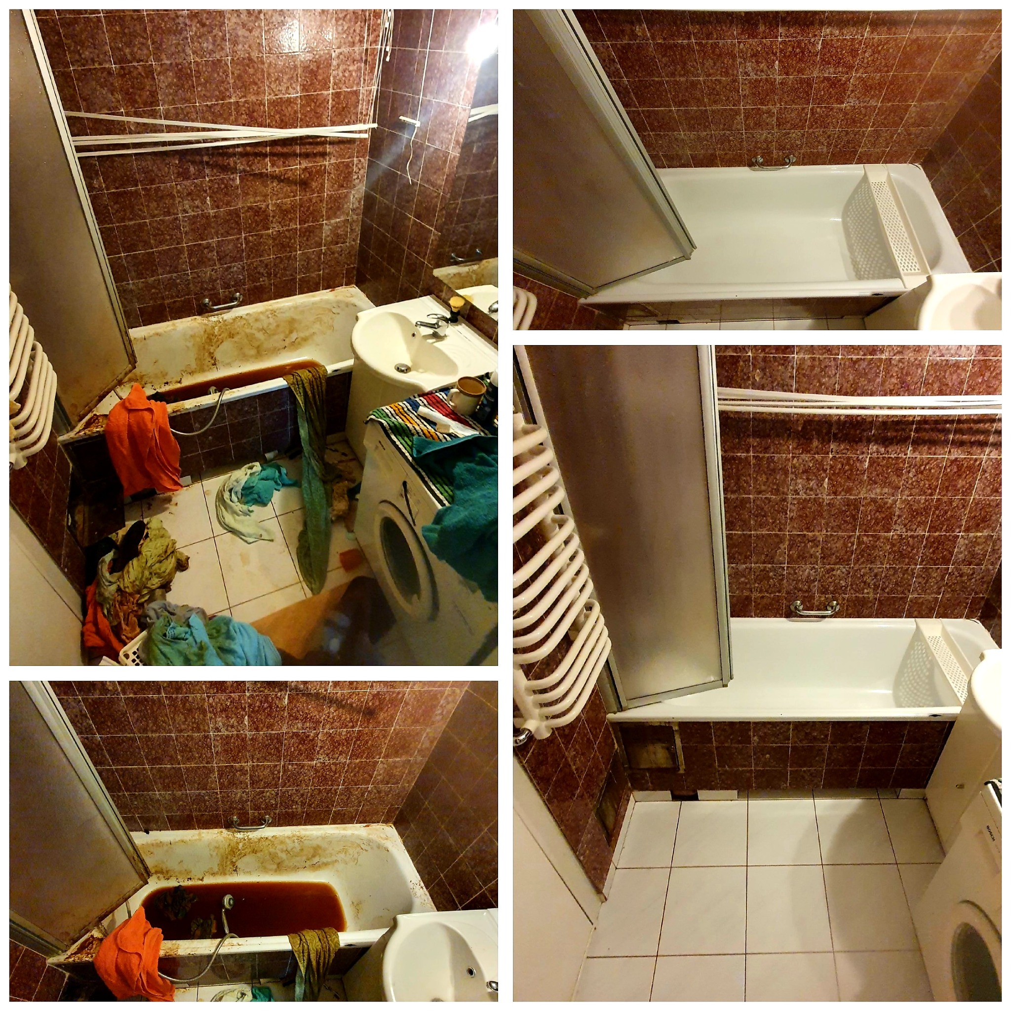 Zestawienie zdjęć brudnej łazienki przed czyszczeniem: zakamieniona wanna z resztkami wody, pralka z zabrudzeniami i sterta prania na podłodze z brudnymi fugami.