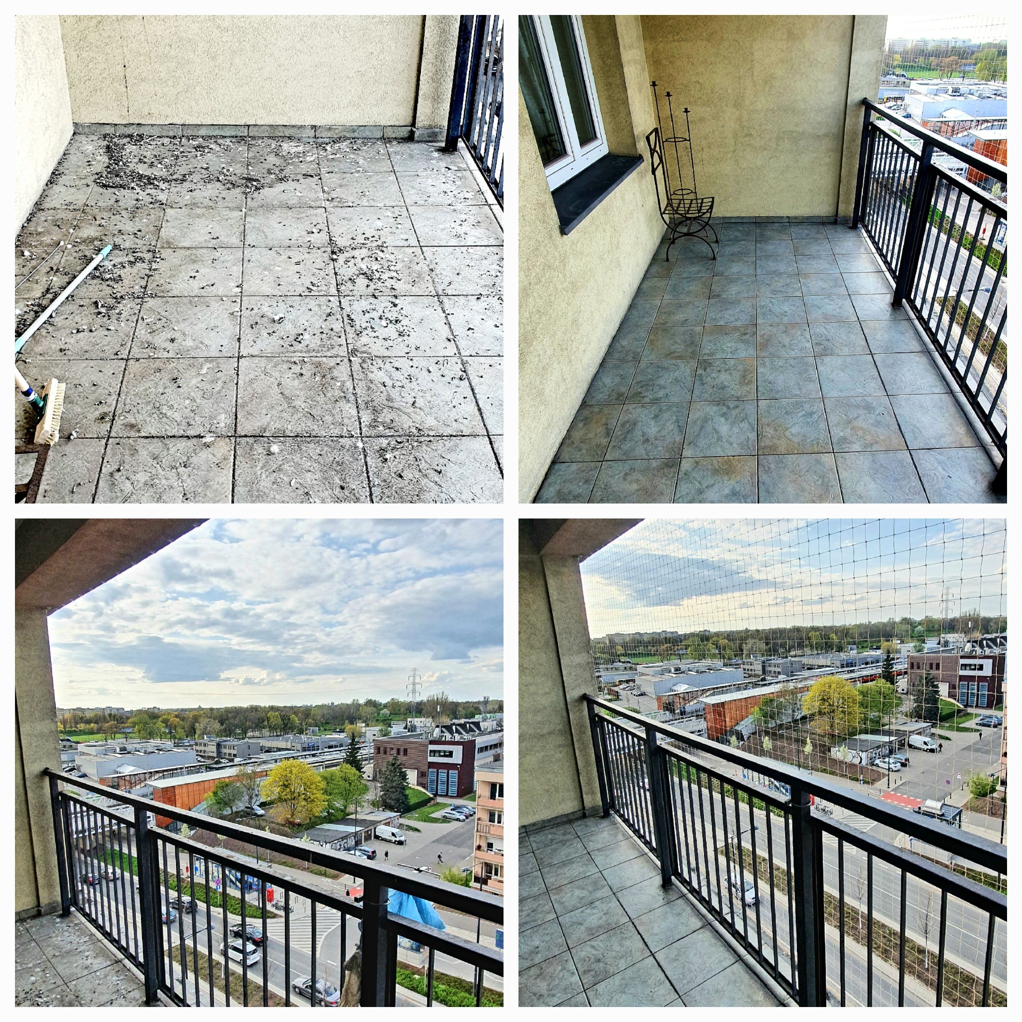 Cztery ujęcia tego samego balkonu: przed sprzątaniem z widocznymi ptasimi odchodami, po sprzątaniu, widok z balkonu na miasto oraz balkon zabezpieczony siatką ochronną przed ptakami.