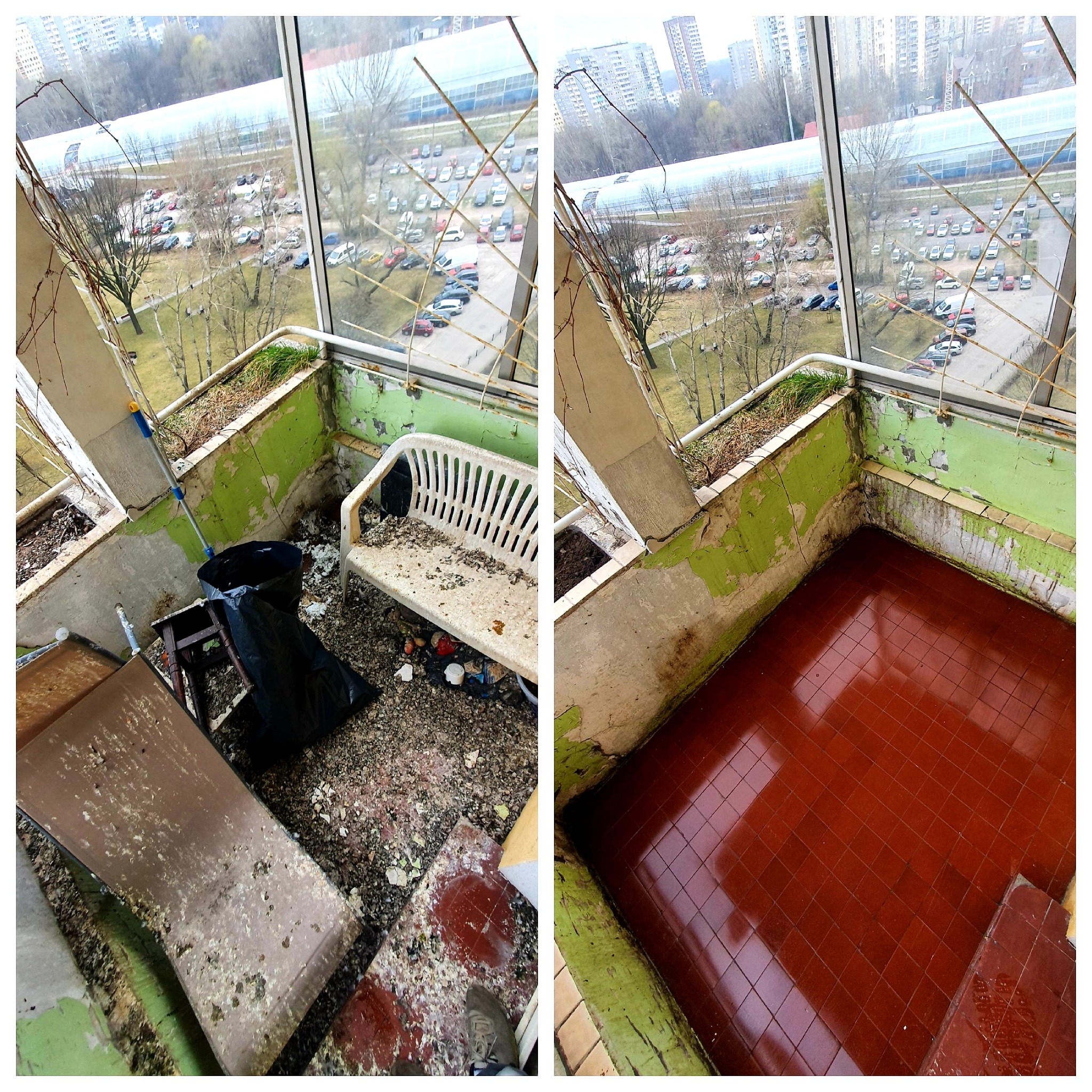 Zdjęcie balkonu przed i po sprzątaniu: po lewej stronie widoczny zagracony balkon z ptasimi odchodami, starymi meblami i śmieciami, po prawej stronie odnowiony balkon z czystą, czerwoną podłogą...