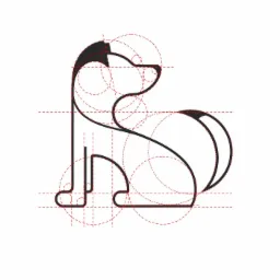 Szkic logo psa w Ruda Kozielska, wykonany z cienkich czarnych linii i czerwonych okręgów pomocniczych na białym tle.