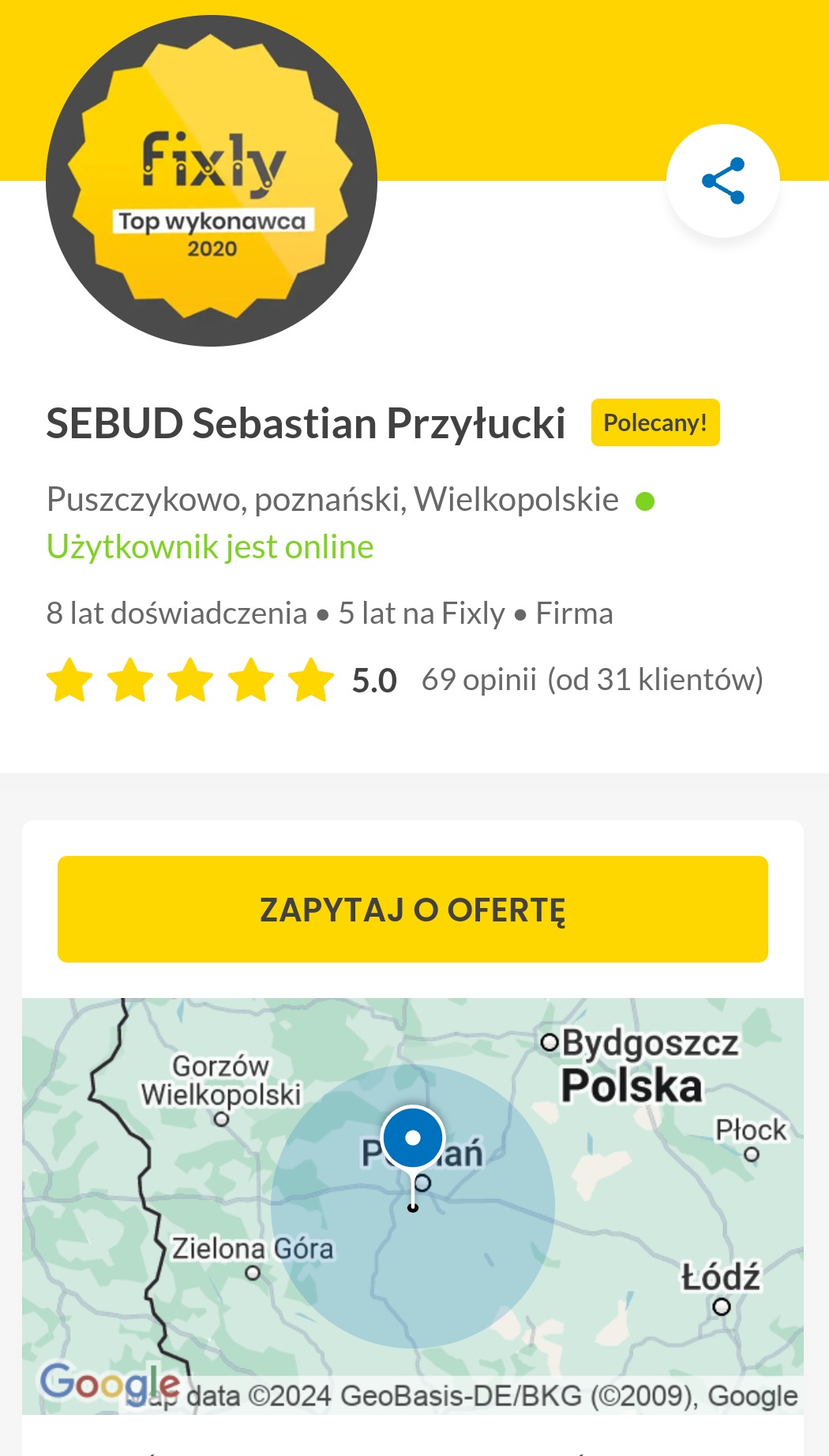 Profil firmy SEBUD Sebastian Przyłucki na Oferteo.pl z logo Fixly Top Wykonawca 2020, lokalizacją Puszczykowo, Wielkopolska, statusem online, oceną 5.0 z 69 opinii i możliwością zapytania o ofertę.