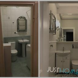 JustHome Piotr Baczewski Usługi remontowo-budowlane - Porównanie łazienki przed i po: stara z niebieskimi płytkami i nowa z białymi płytkami, nowoczesnym grzejnikiem i szafką pod umywalką.