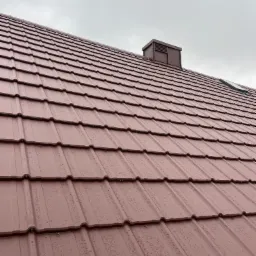 Nowe, brązowe pokrycie dachowe z blachy trapezowej, widoczne krople deszczu i kominek wentylacyjny na tle pochmurnego nieba.