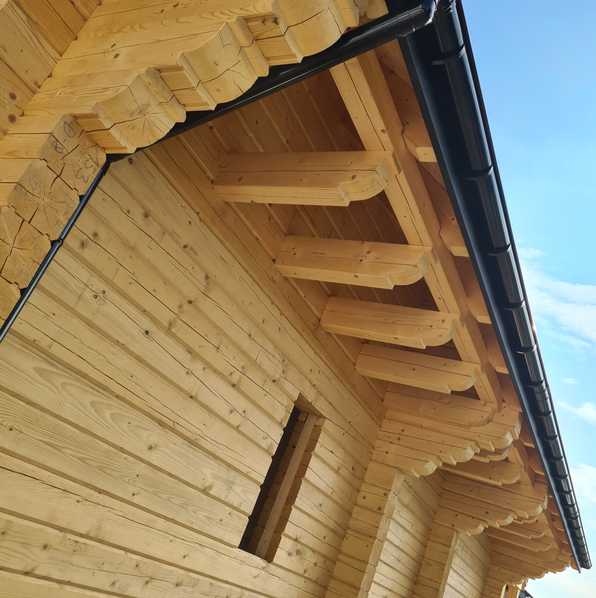 Surowa drewniana konstrukcja domu szkieletowego z widoczną więźbą dachową i czarną rynną na tle błękitnego nieba.