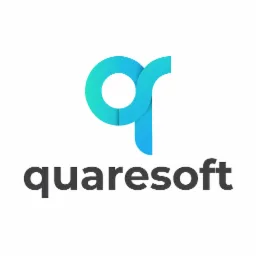 Logo firmy Quaresoft: stylizowana litera 'q' w odcieniach turkusu, przechodząca w pionową kreskę, nad nazwą firmy zapisaną szarym fontem.