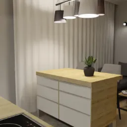 Wizualizacja wnętrza mieszkania: wyspa kuchenna z jasnym blatem i białymi frontami szuflad, czarny zlew w tle, minimalistyczne oświetlenie wiszące, szary narożnik i stoliki kawowe w salonie, obraz...