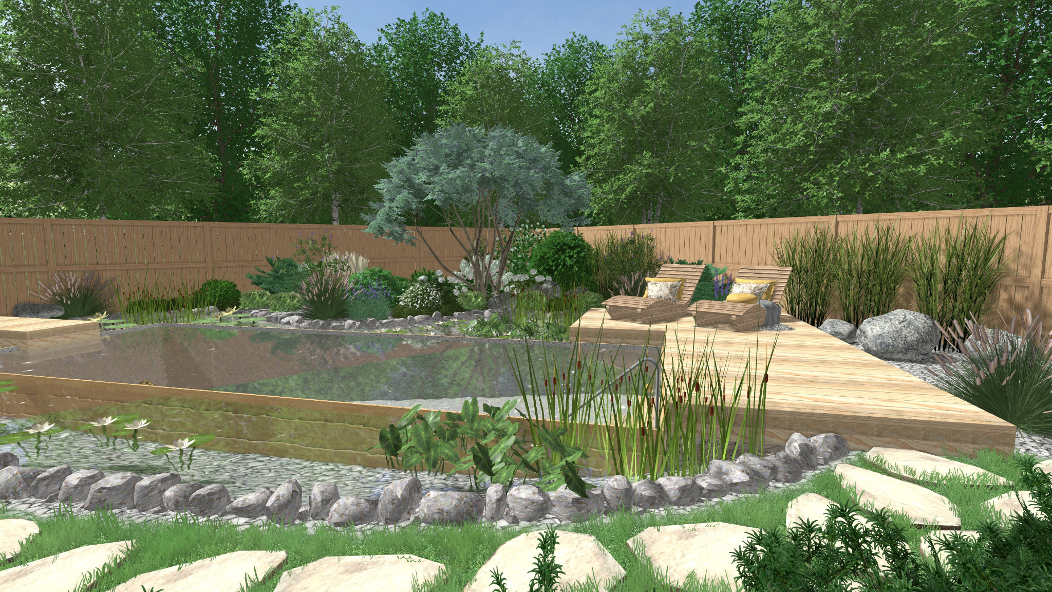 Wizualizacja ogrodu z drewnianym tarasem, leżakami z poduszkami, oczkiem wodnym otoczonym kamieniami i roślinnością wodną, na tle drewnianego płotu i drzew.