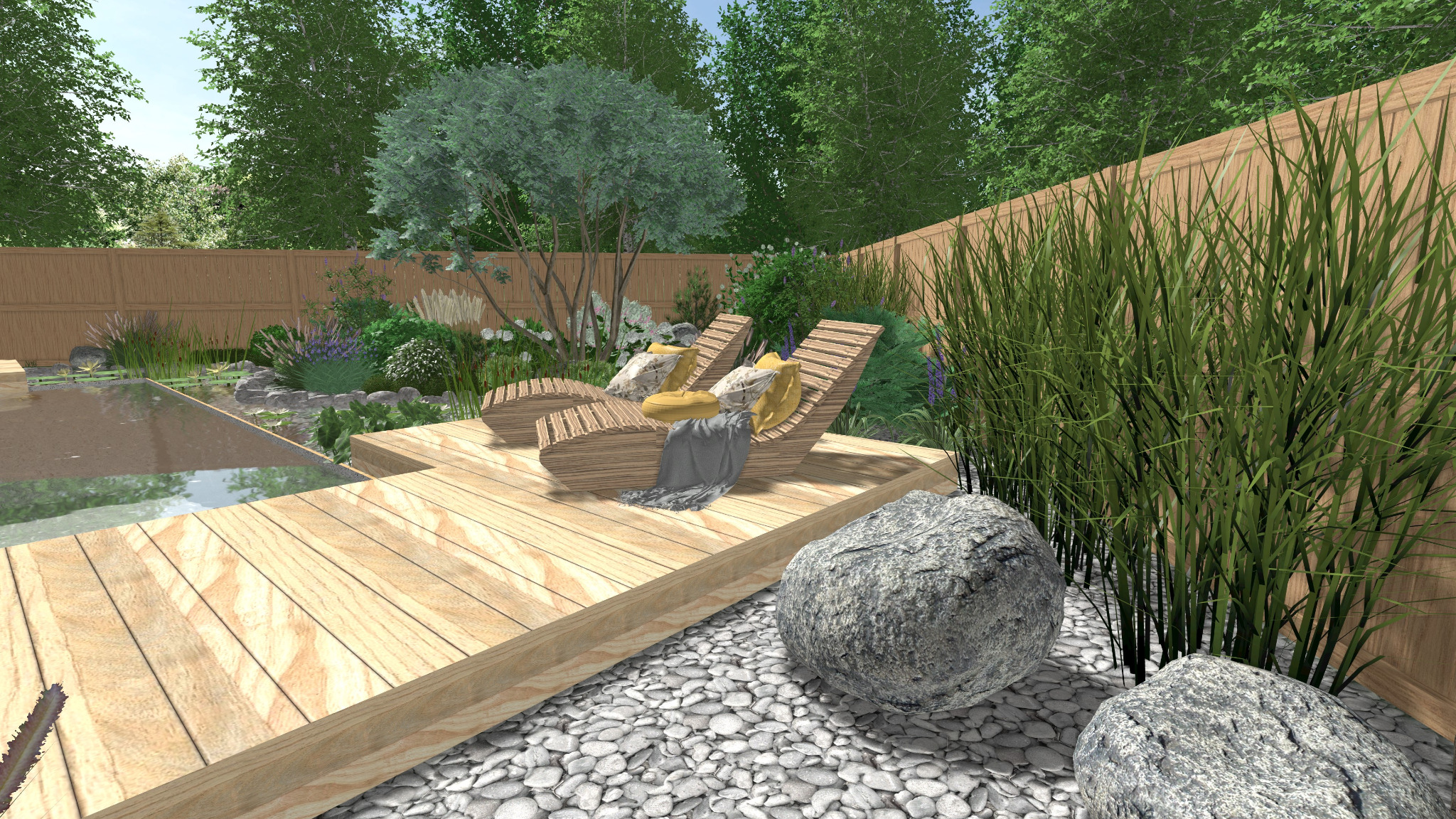 Wizualizacja ogrodu z drewnianym tarasem, dwoma leżakami z poduszkami, stawem z liliami wodnymi i kamieniami ozdobnymi.