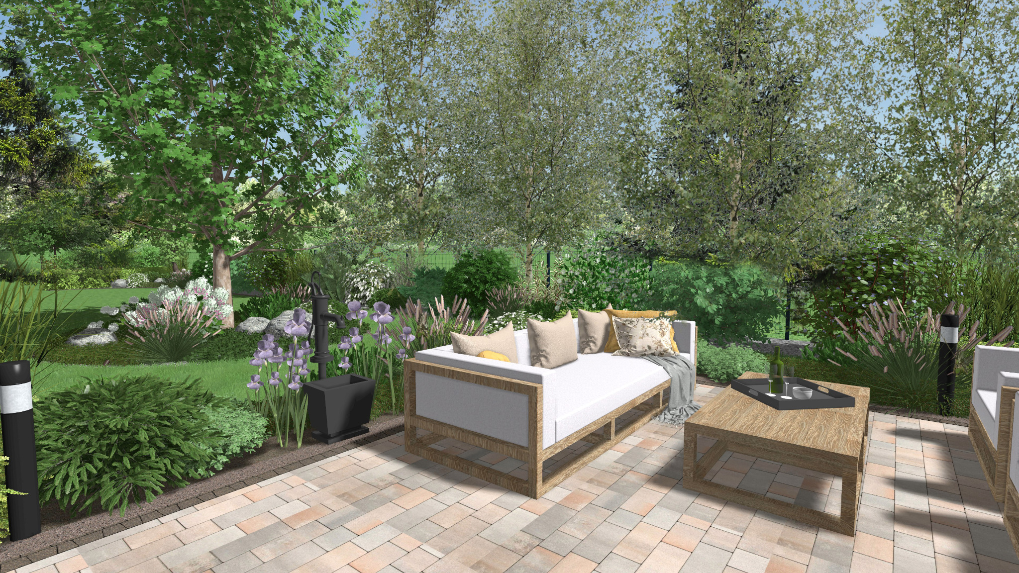 Wizualizacja ogrodu z sofą ogrodową z jasną tapicerką, stolikiem kawowym z tacą i butelką wina, oraz dekoracyjną pompą wodną wśród fioletowych irysów.