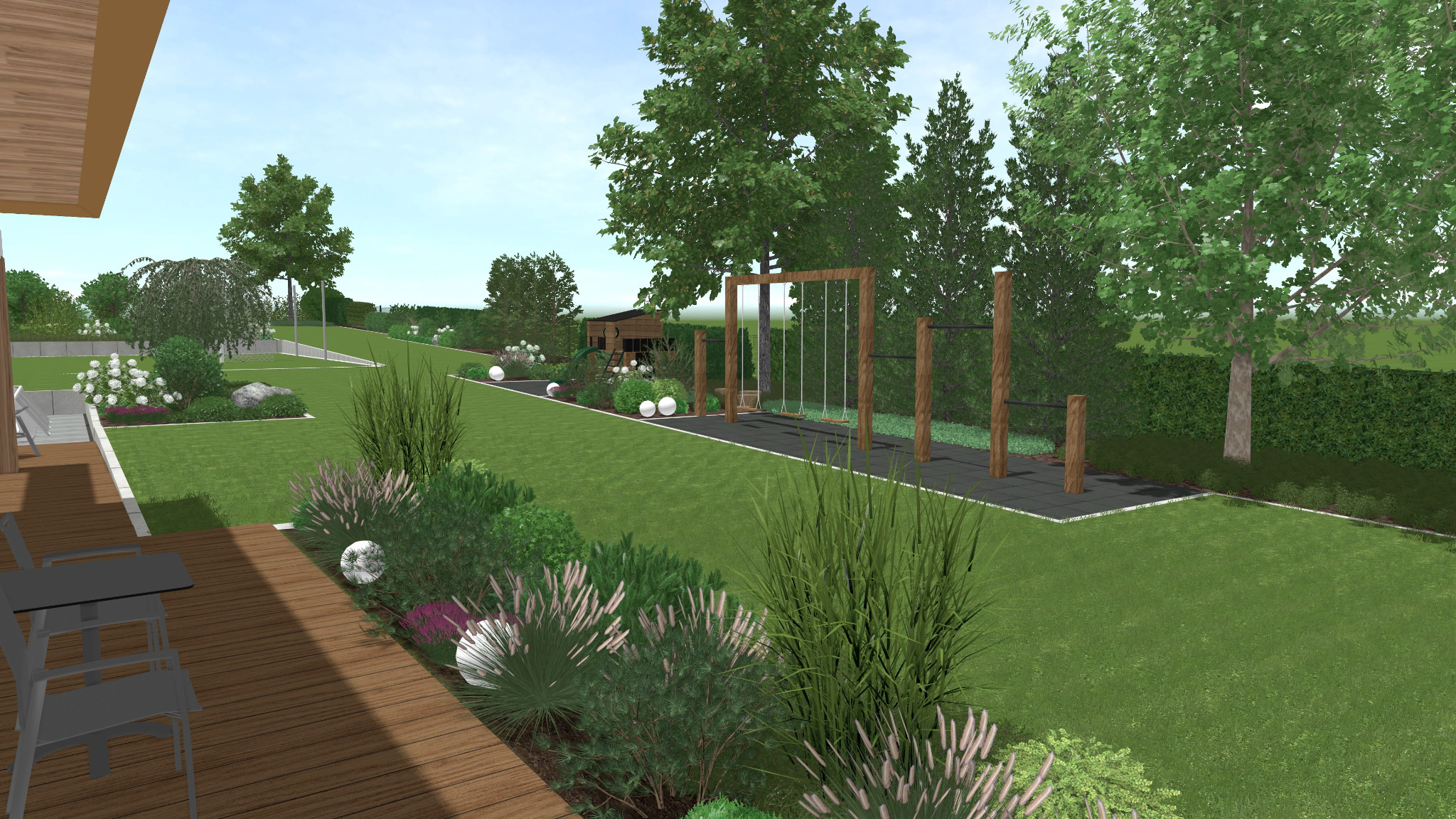 Wizualizacja ogrodu z drewnianym tarasem, placem zabaw z huśtawkami i drążkami, oświetlonym kulami, z bujną roślinnością i równo przystrzyżonym trawnikiem.